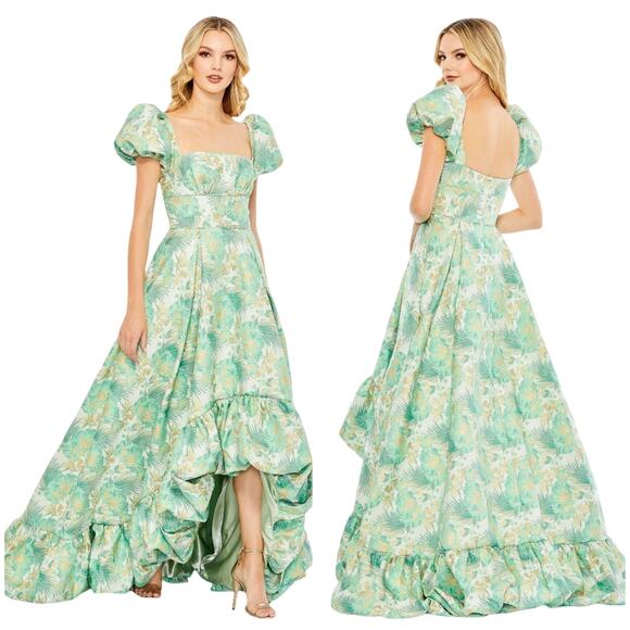 Mac Duggal NWT Green Gold Floral Print Puff Sleeve High Low Brocade Gown Size 12